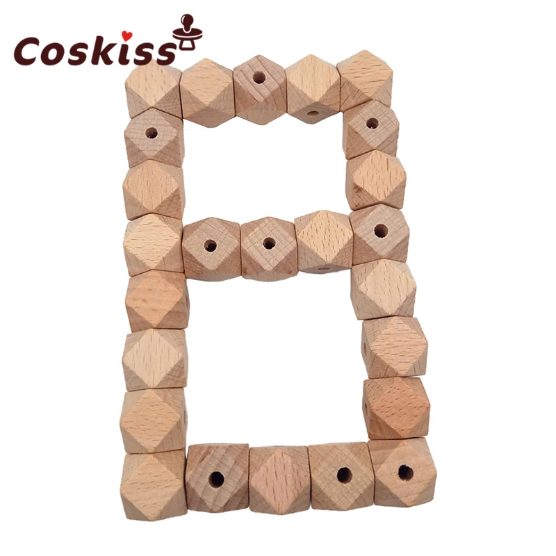

40pcs Beech Wood Bead Unfinished Natural 14mm Geometric hexagonal Wooden Beads For DIY Baby Teether Nacklace