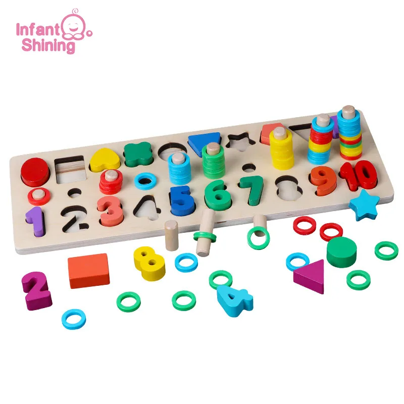 

Infant Shining Wooden Toys Learning Toys 3 in 1 Puzzle Digital Shape Rings Mach Toy Pairing Perschool Education Baby Gift