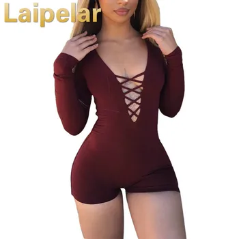 

Laipelar 2018 Summer Rompers Womens Jumpsuit Sexy Front Lace Up Bandage Bodycon Short Jumpsuit Bodysuit Slim Romper 5 Colors