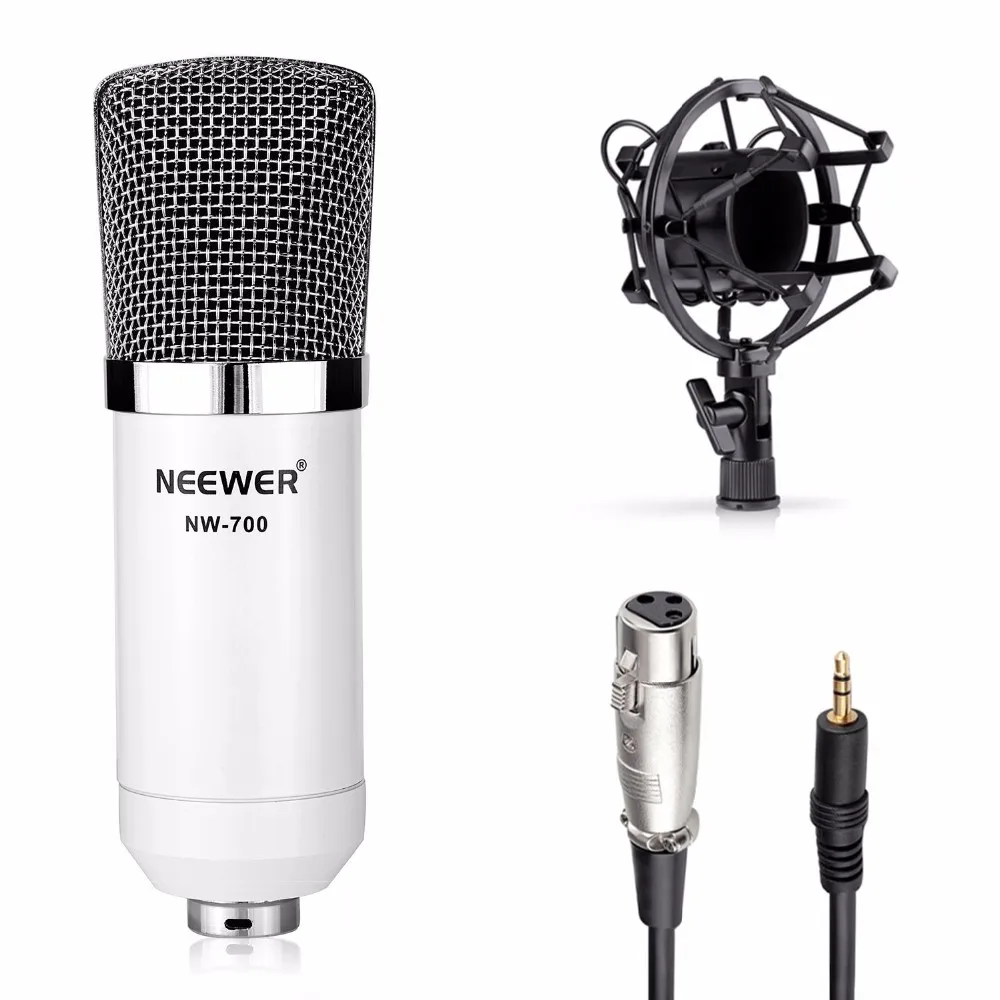 Набор микрофонов Neewer NW-700, включает в себя:(1) конденсаторный микрофон+(1) микрофонная стойка+(1) поп-фильтр+(1) Белый амортизатор