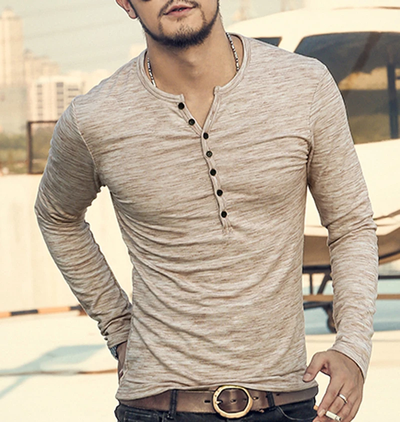 NEW Mens Casual Slim Fit Long Sleeve Button up Henley T Shirt Tops Tee Pullover
