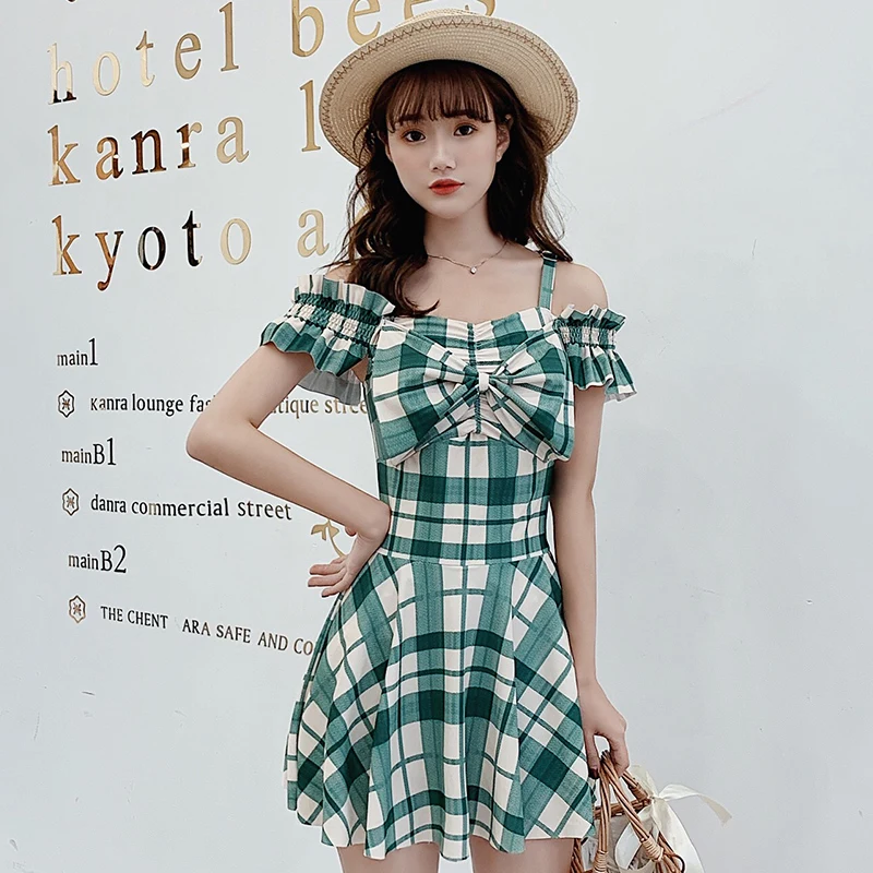 

Off Shoulder One Piece Swimsuit Women Ladies Grid Green Swimdress Beachwear Skirted Bathing Suit 2019 New Lovely Swimwear