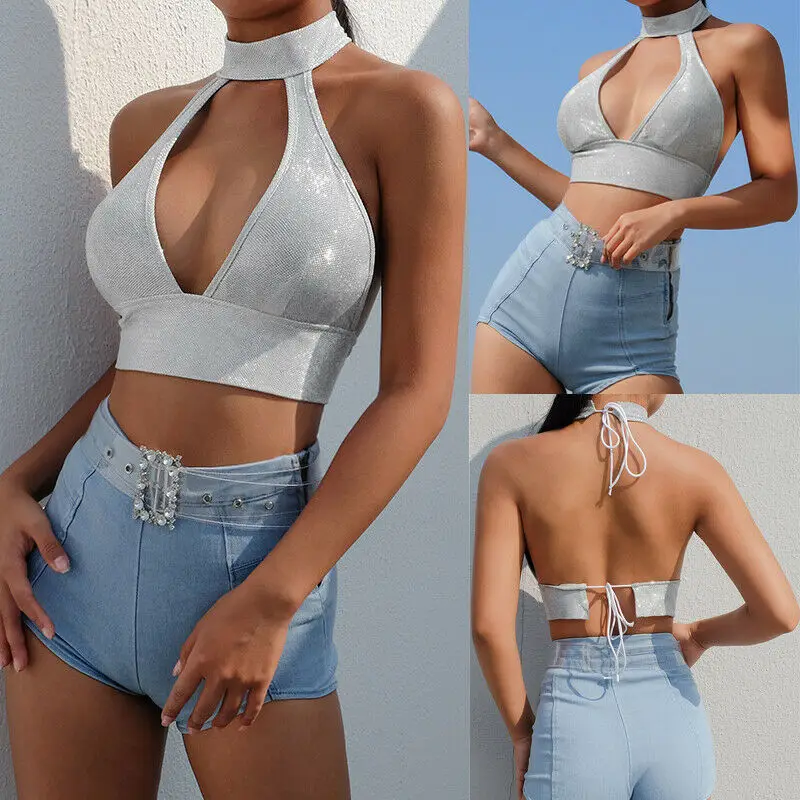 

Sexy Women Fashion hot summer Backless Solid Crop Tanks Tops Camis Ladies Shining Silver Crop Top V Neck Camisole Nightclub Wear