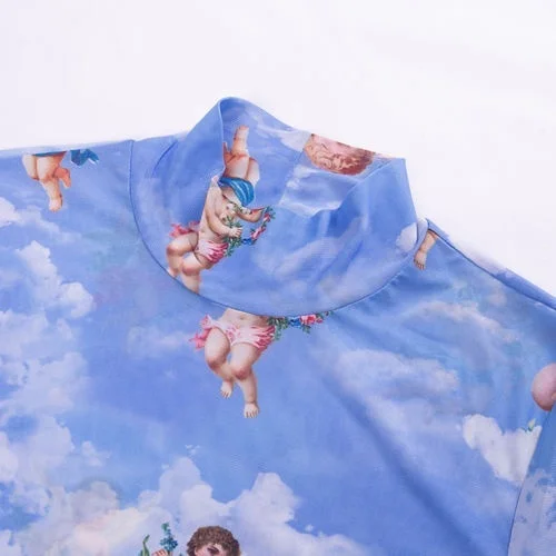 Новая модная женская прозрачная Сетчатая футболка из сетки кроп-топ с милым принтом ангела женские летние сетчатые Топы