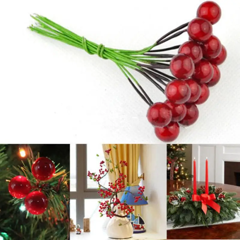

30pcs/lot Artificial Holly Berries Mini 10mm Red Cherry Fruit Flower for Home decor diy Christmas Decorative Supplies