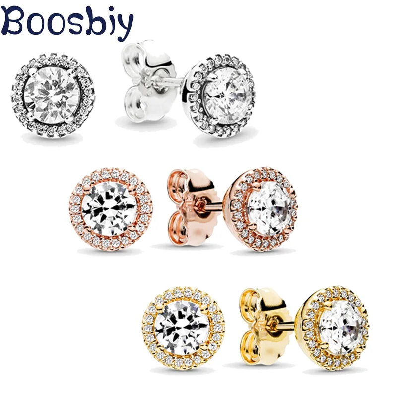

Boosbiy High Quality Silver Plated Round Stud Earrings With Clear CZ Brand Earring for Women Fashion Jewelry Gift