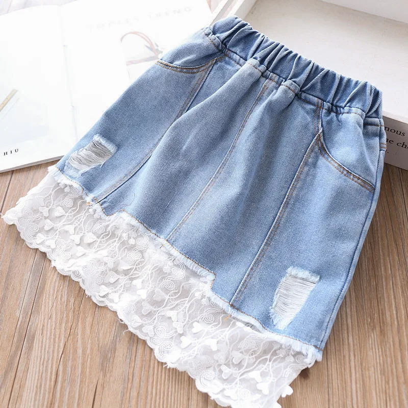 

Baby Girls Kids Denim Lace Patchwork Sweet Skirts Holiday Ruffles Pockets New Fashion Hot Clothing