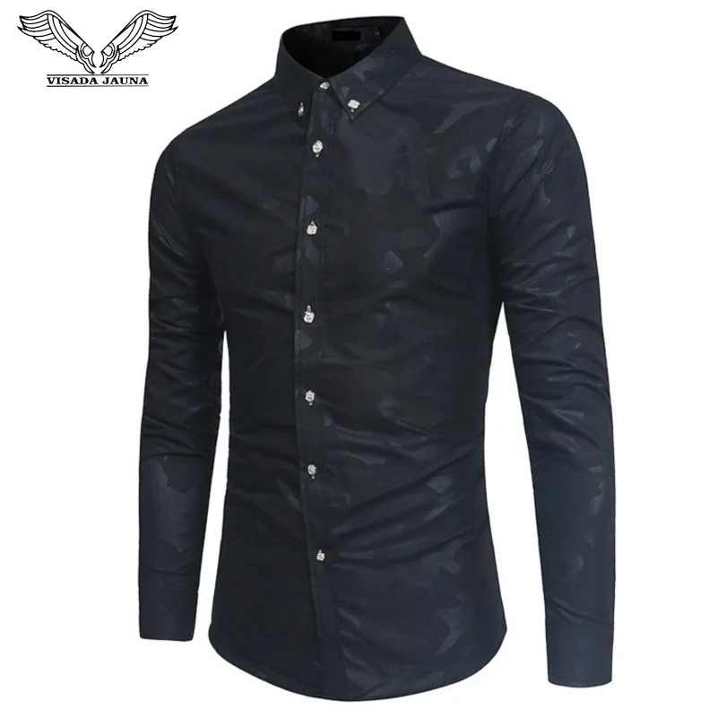 

VISADA JAUNA 2018 Men Fashion Dress Shirt Fit Slim Long Sleeve Homme Shirt Business Casual Camouflage Printed Male Shirts N8953