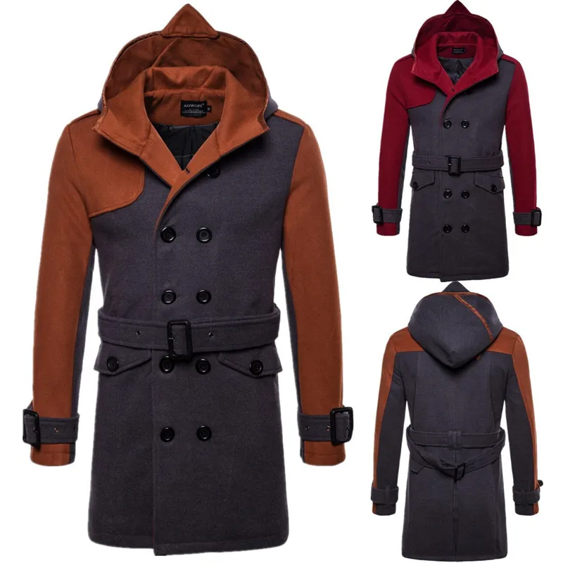 

New England Men Thicken Stitching Color Jackets Fashion Men Lapel Double-breasted Hooded Woolen Coat For Male Autumn Winter