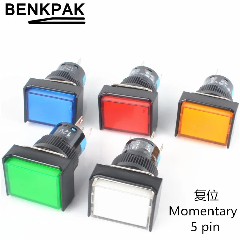 

1pcs 16mm Rectangle Momentary push button switch LED lamp 5pins 5v 12V 24V 220V
