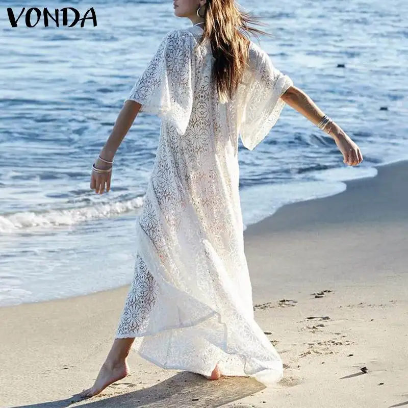 

VONDA Lace Dress Women Beach White Long Dress 2019 Sexy Hollow Out Party Vestidos Summer Sundress Casual Robe Femme Plus Size
