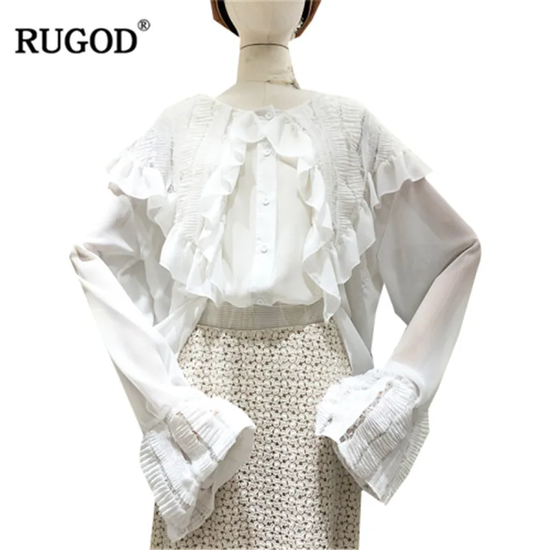 RUGOD 2019 Весенняя женская белая блузка с оборками воротником расклешенными