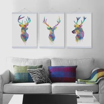 

Watercolor Deer Head Wooden Framed Canvas Paintings Nordic Style Living Room Wall Art Pictures Home Decor Posters Hanger Scroll