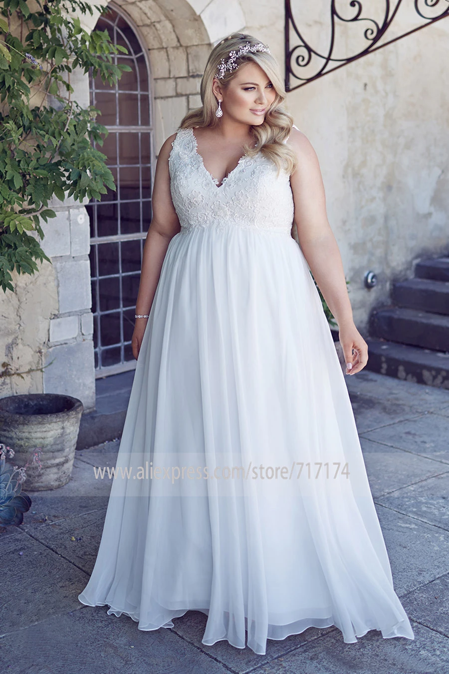 Шифоновая Аппликация Кружева размера плюс, пляжный корсет для свадебного платья, длинное белое свадебное платье в стиле ампир 26W robe de soiree longue