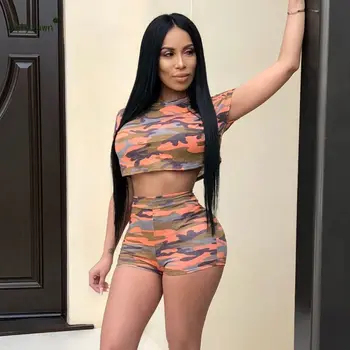 

Women Sexy Maxi Camouflage Print 2 Piece Set Summer Streetwear Camo Crop Top + Shorts Outfit Yellow Pink Tracksuit Plus Size 2XL
