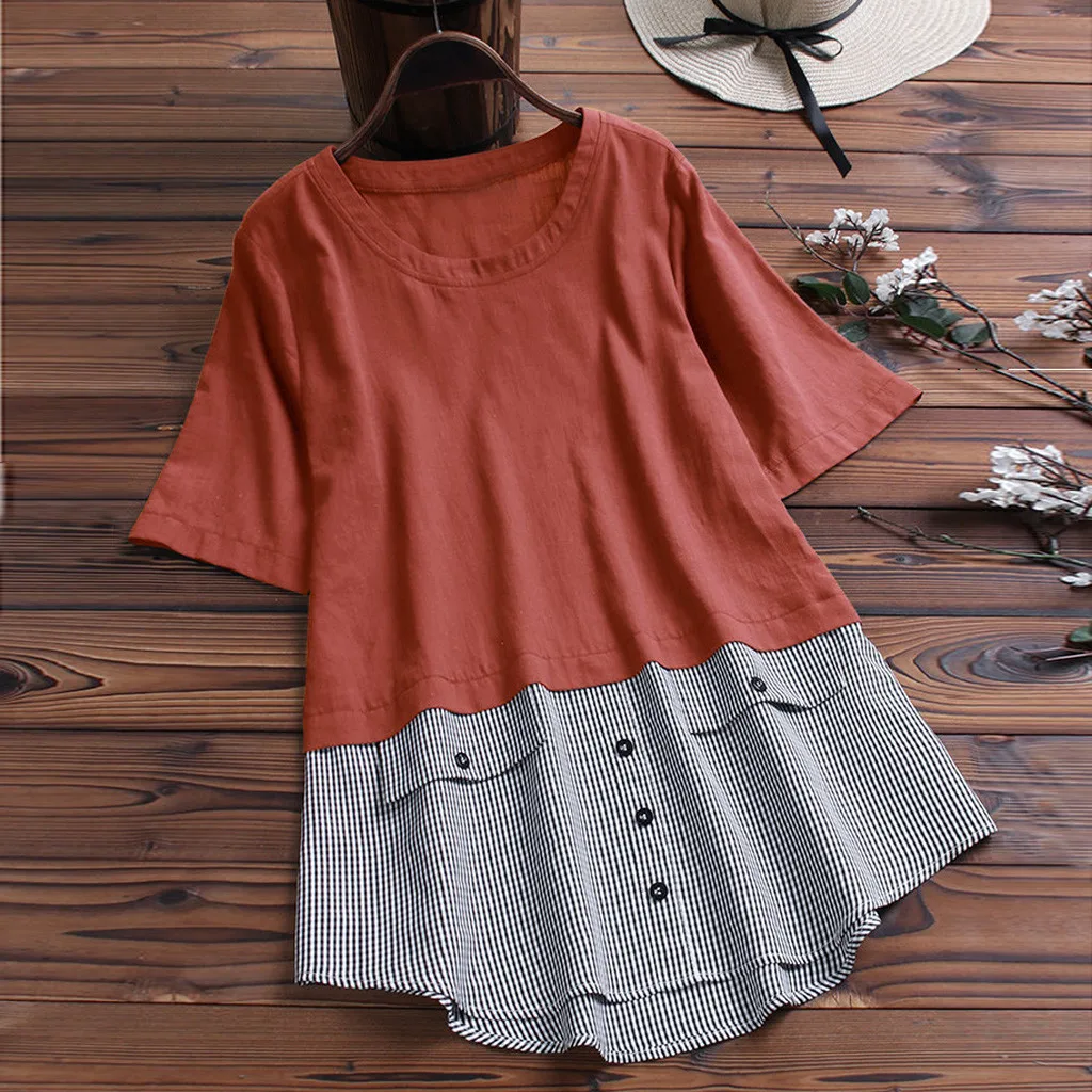

Blouse Women Loose Linen Soild Button Long Splice Pocket Plaid Casual Blouse Tops Blusas Femininas Blusen Damen Women Blouses