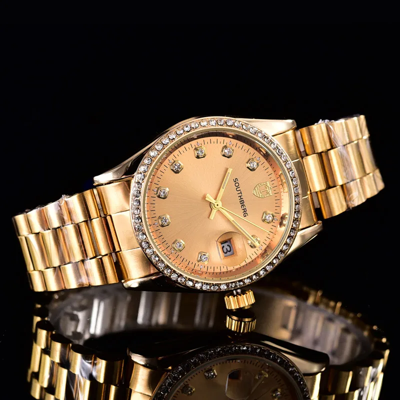 SOUTHBERG Золотые женские часы с кристаллами для свиданий ЖЕНСКИЕ НАРЯДНЫЕ часы водонепроницаемые наручные часы