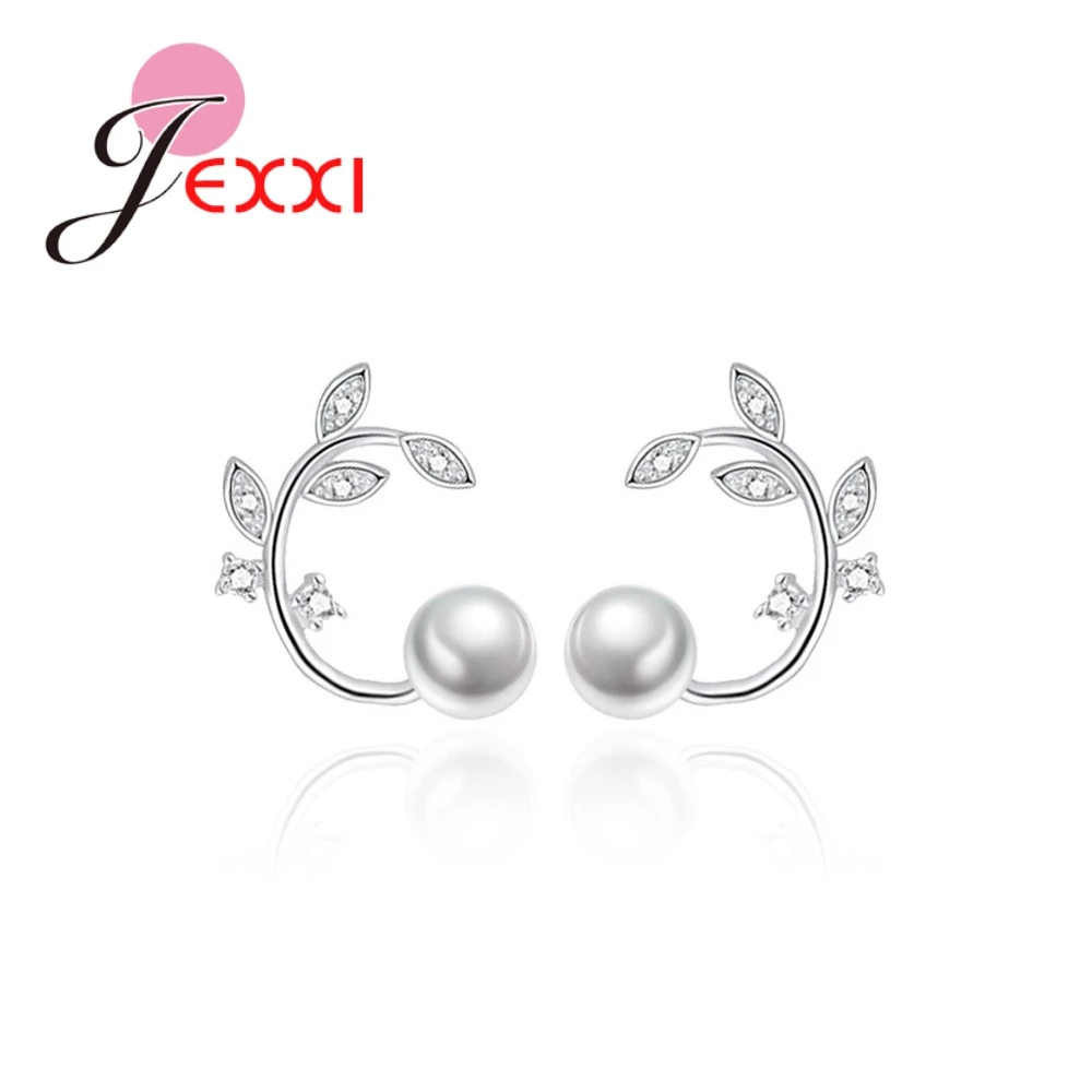 

Elegance 925 Sterling Silver Top Quality Pearls Leaves Shape Micro Paved White Crystals Stud Earrings For Women Girls