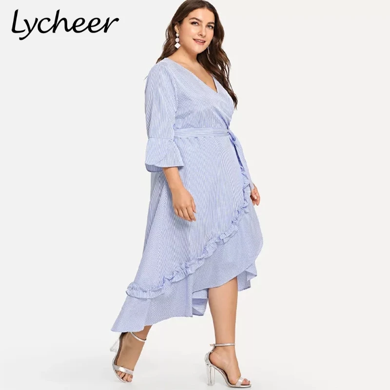 Lycheer Plus асимметричное платье рубашка в полоску платья с поясом повседневные