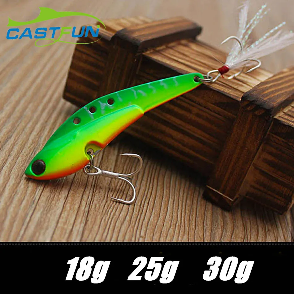 

Castfun 75mm 18g 25g 30g Fishing Sinking VIB Lure Hard Bait 5pcs/Lot Vib Lure With Feather Hook Metal Lure