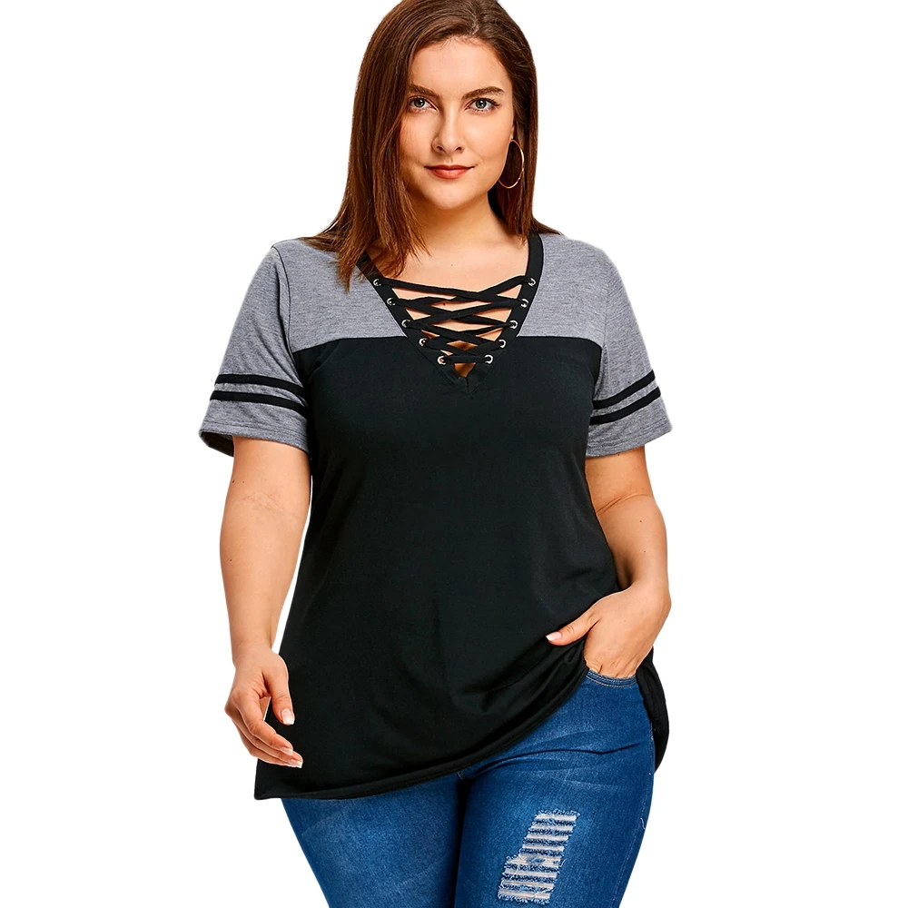 Download 5XL Plus Size Lace Up Short Sleeve T shirt Women V neck ...