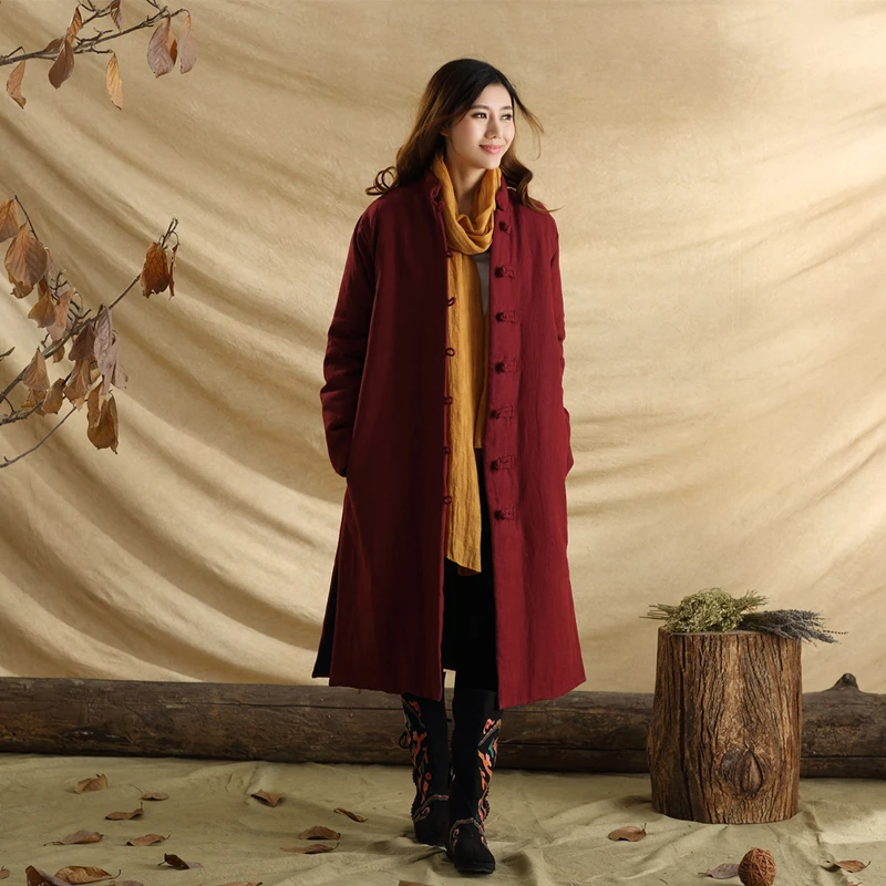Lovers' Unisex Trench Coat Men Winter Long Jacket Cotton-padded Traditional Chinese Cloth