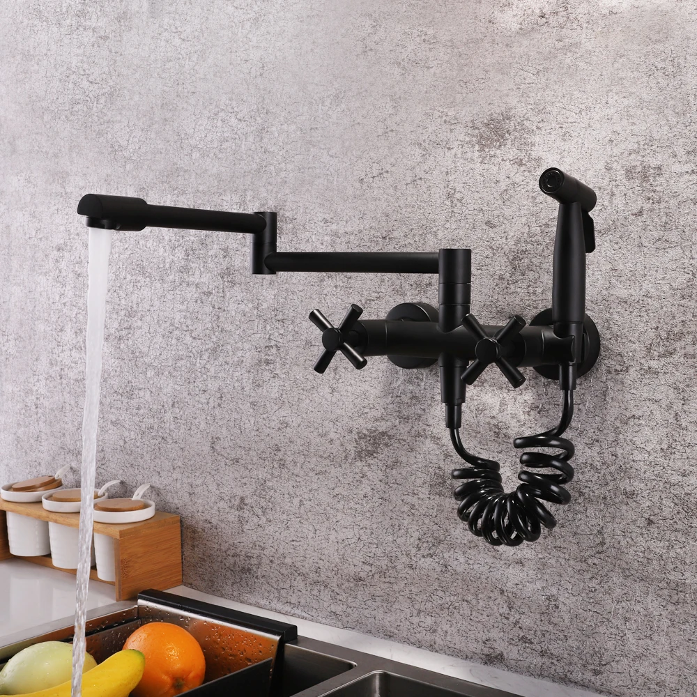 

SKOWLL Wall Mounted Stream Sprayer Kitchen Faucet Dual Handle with Sprayer Flexible 360 Degree Rotating Folding Spout
