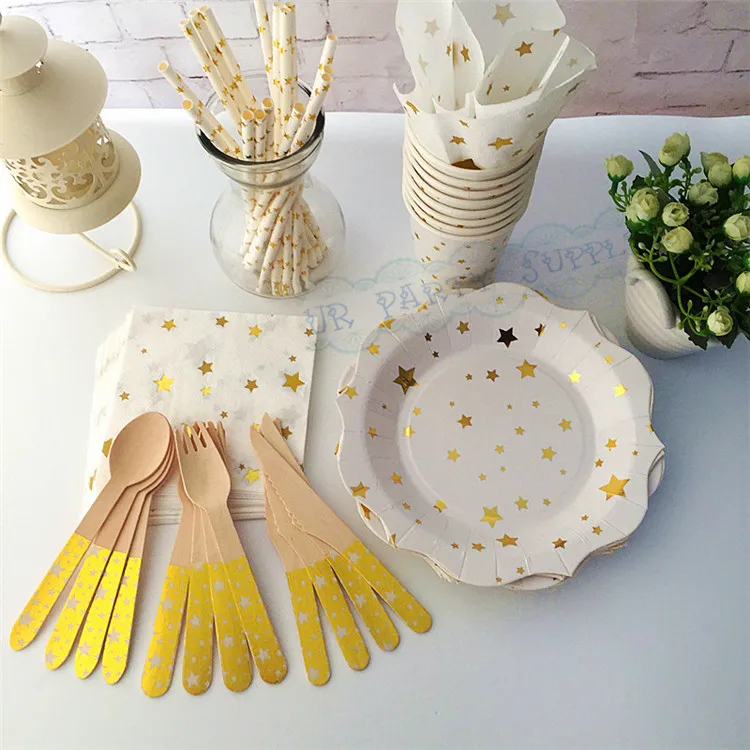 

40 People Gold Dessert Table Setting Party Paper Plates Cups Straws Napkins Cutlery Children's Party Sprinkle Birthday Tableware