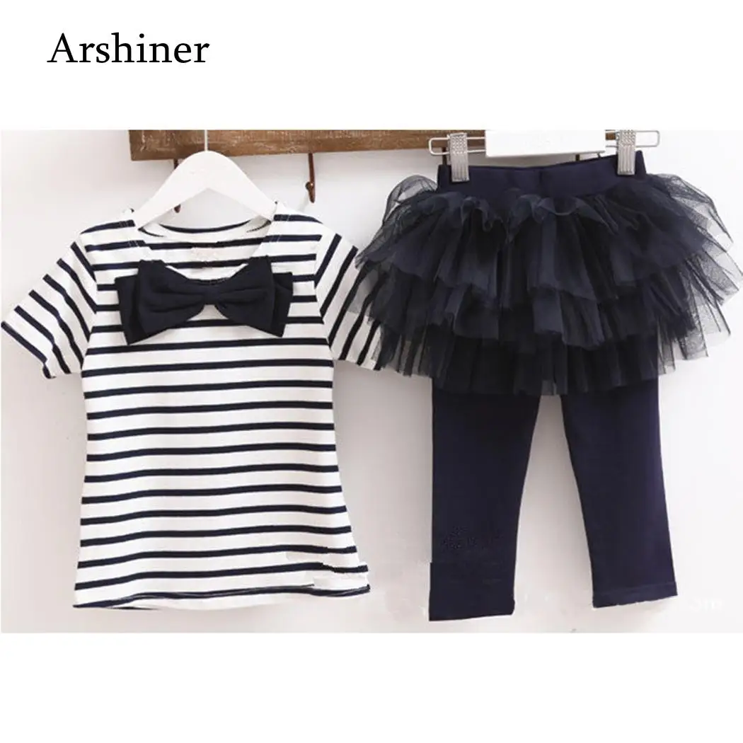 

Top Patchwork Short And Length Pants Outfits Casual Long Set Full Girl Kids Striped Mesh Cute Bow Summer Mesh Sleeve