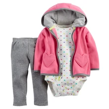 New Brand 2016 Baby Girl’s 3 Pieces Sets Fashion Style Regualr Full Sleeve Heart Hooded Coat+O-Neck One Piece Romper+ Pants