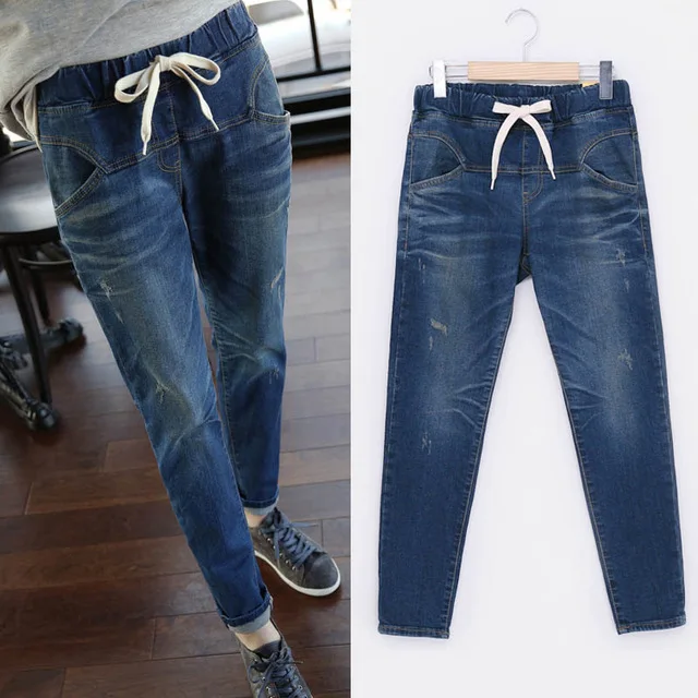 

2019 spring autumn blue stretch Jeans trousers distressed high waist Jeans woman elastic vintage denim pants women plus size 5XL