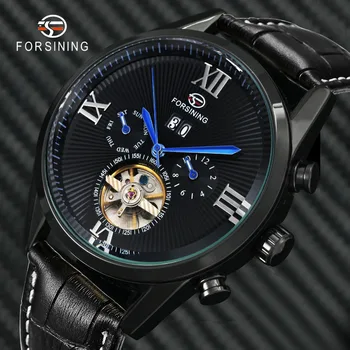 

FORSINING Fashion Vintage Tourbillon Auto Mechanical Watch Men Top Brand Luxury Black Leather Strap Date Display Wristwatches