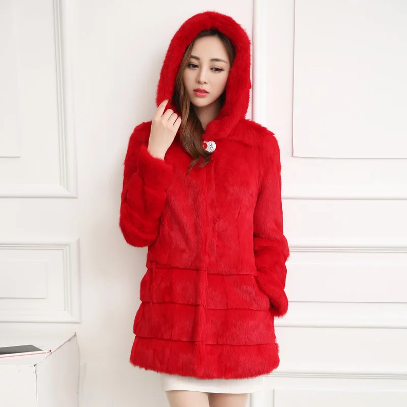 Wave cut hooded slim long women's full pelt rabbit fur coat outerwear ...