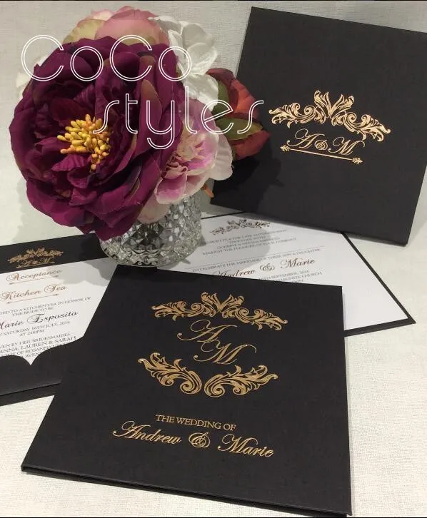  Cocostyles bespoke high end black hardcover invitation card with gold foiling printing for royal we - 32890153181