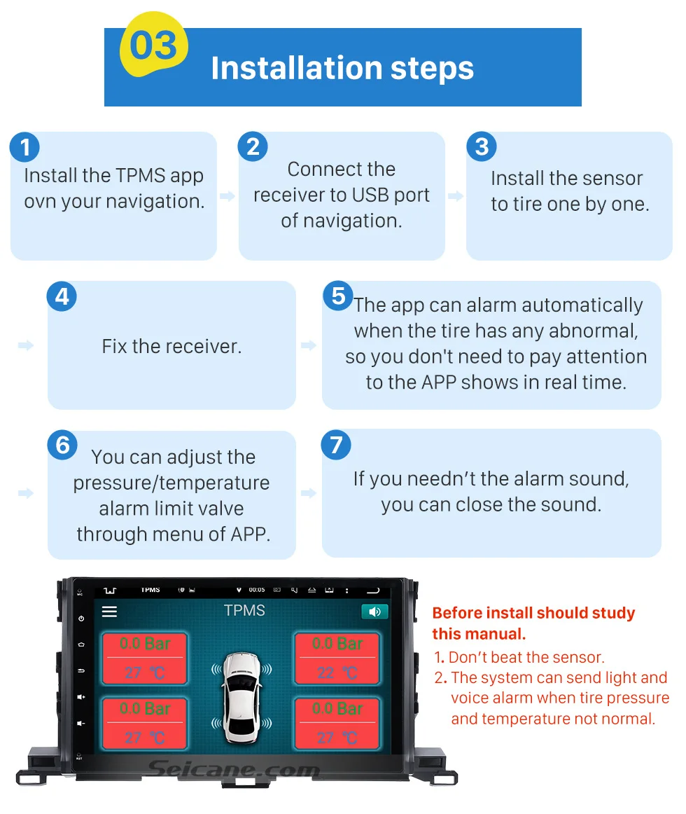 Seicane портативный автомобильный USB TPMS с 4 внутренними датчиками для Aftermarket Android радио контроль давления в шинах Автоматическая сигнализация