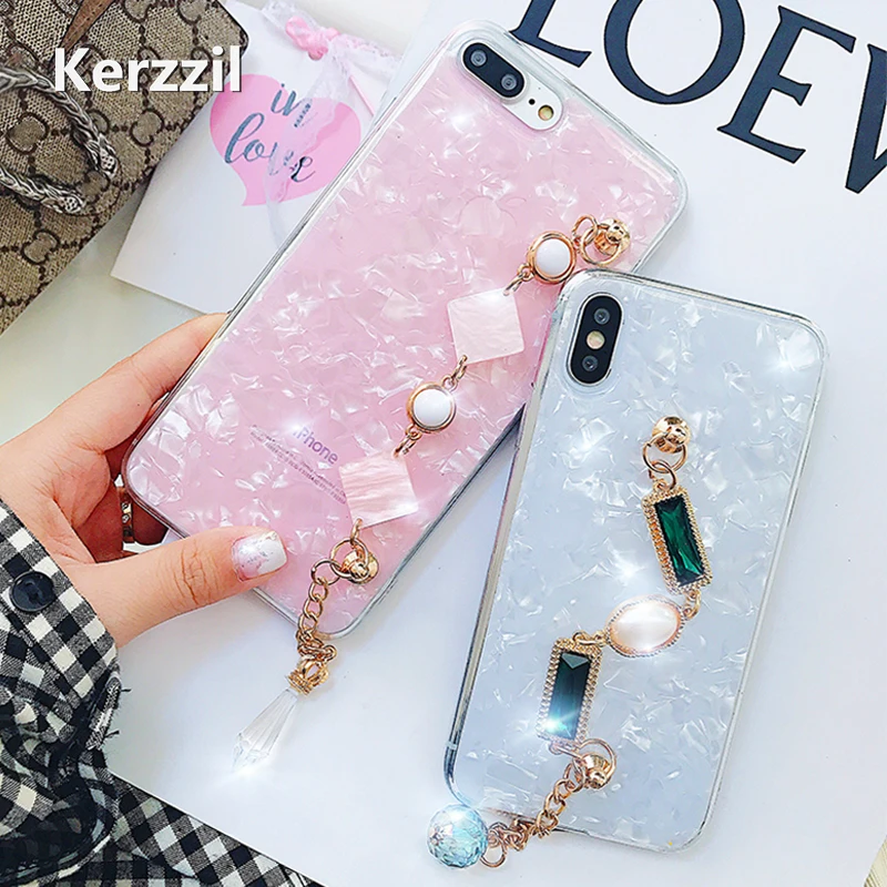 

Kerzzil Rhinestone Emerald For iPhone 6 6S 7 8 Phone case Hand necklace Shell Fresh Fantasy Shells For iPhone X 6 6S 7 8 Plus