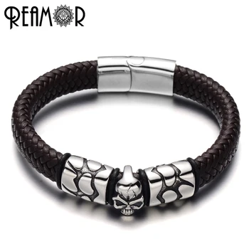 

REAMOR 316L Stainless Steel Bangle Crack Skull Head Style Charms Bracelet Wide Braided Leather Rope Male Bracelet Trendy Jewelry