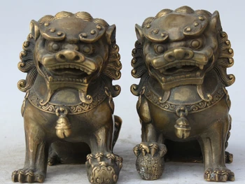 

6" Chinese Feng Shui Folk Copper Fu Foo Dog Guardion Lion Door Ball Statue Pair S0705 B0403