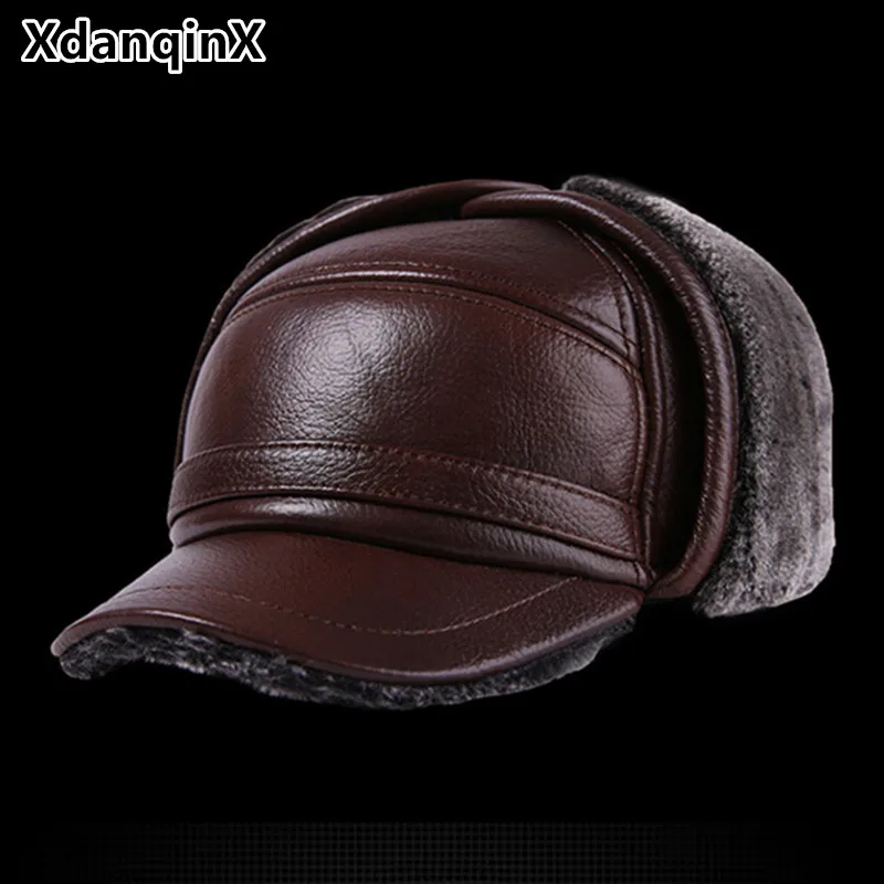 Günstig Winter männer Leder Hut Verdicken Leder Rindsleder Baseball Caps Mit Ohren Warm Hysterese vati Hüte Sombrero De Cuero del Hombre