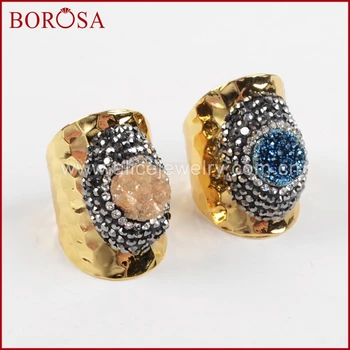 

BOROSA Druzy Stone Ring Crystal Zircon Rhinestone Pave Rose Titanium Drusy Natural Stone Handcrafted Gold Band Rings JAB680