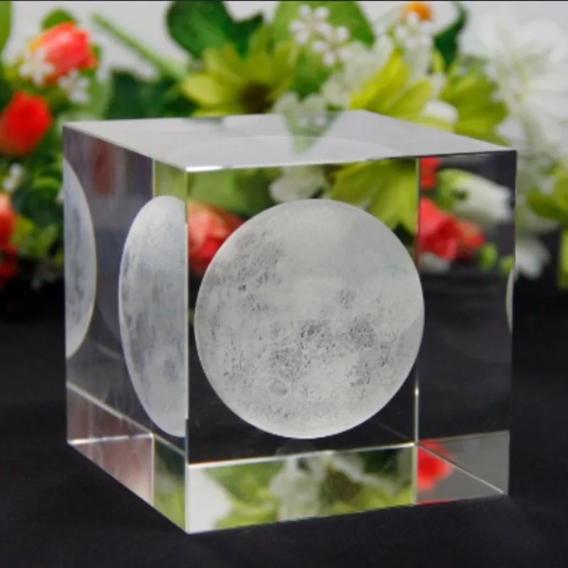XINTOU хрустальный стеклянный куб Луна пресс-папье солнечная система 3D лазерная гравировка фигурка домашний офис украшение стола украшения ремесла - Цвет: As Picture