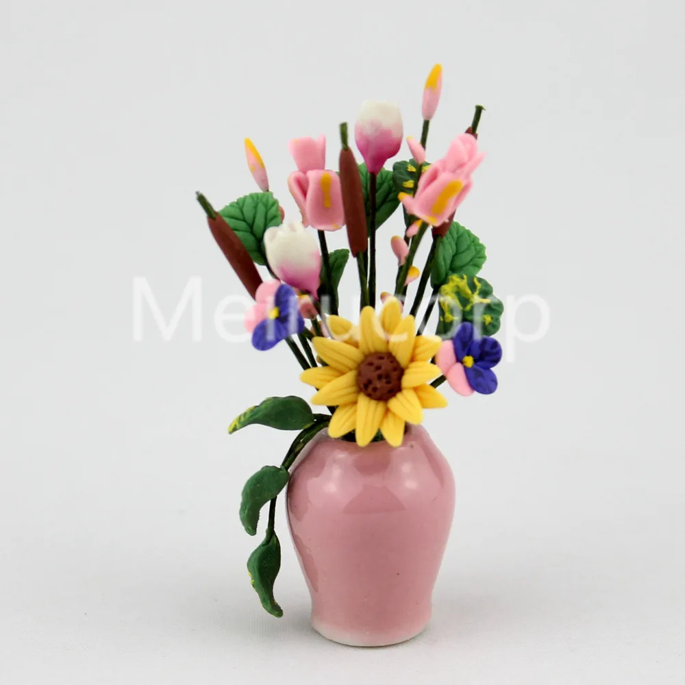 

1:12 scale doll house decorate miniatue vase and Sunflower and pink flower floral art 12081