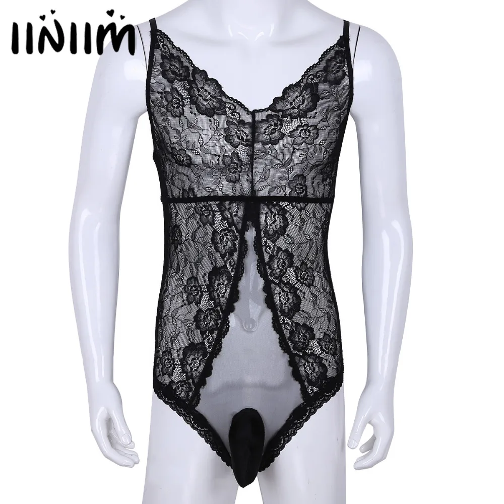 2018 Mens One Piece Sheer Crossdress Lingerie Jockstraps Spaghetti Straps Floral Lace See