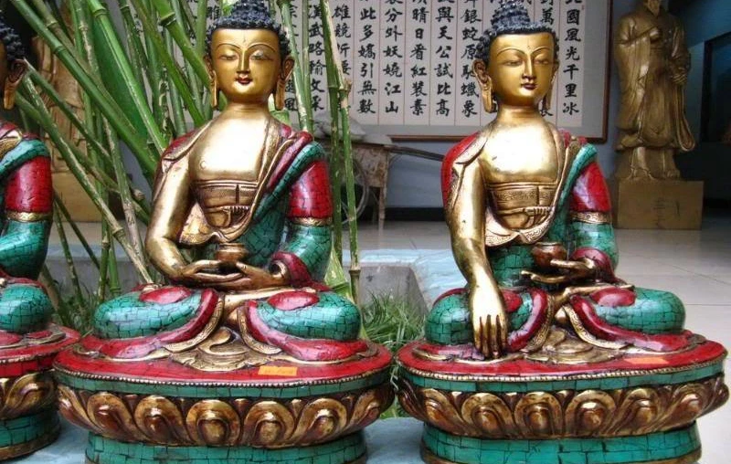 

13 Tibet Copper Gild inlay turquoise Red coral Three Sakyamuni Buddha Statue Set