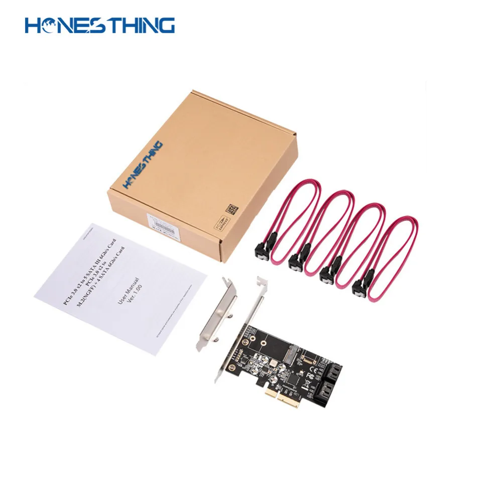 HonesThing PCI Express 3.0 to SATA III 6Gbps 5 Ports Controller Card PCIe 3.0 x 4 Expansion Card with Low Profile Bracket JMB585 5