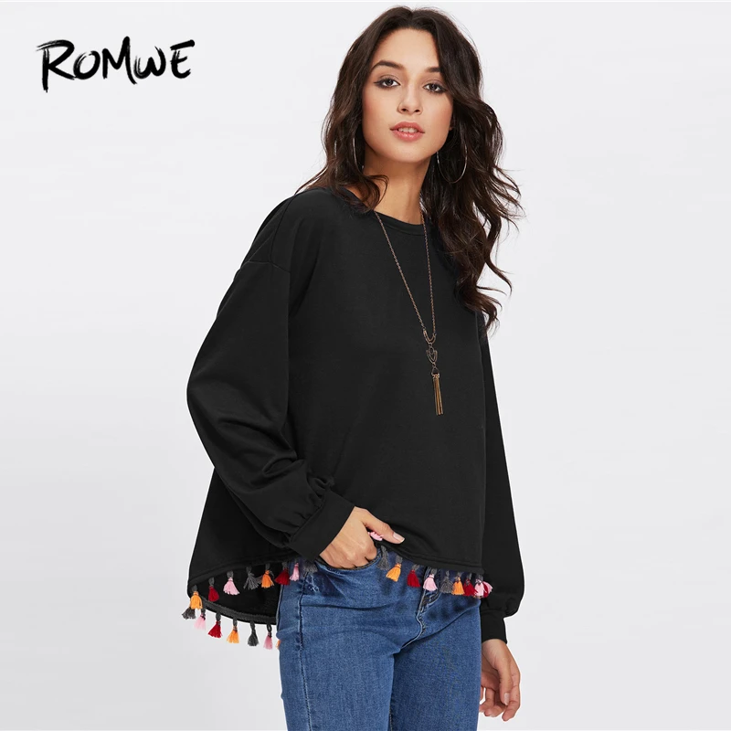 ROMWE Bishop Sleeve Fringe Asymmetrical Colorful Tassel
