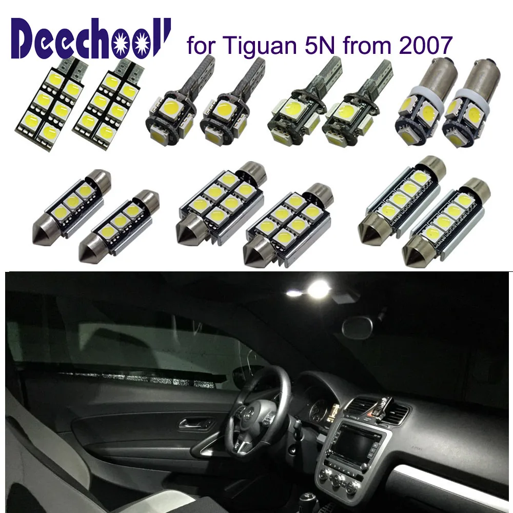 Deechooll 10 шт. Автомобильный светодиодный светильник s для VW Tiguan 5N от 2007, Canbus белый светильник для внутреннего освещения, аксессуары, купольный светильник для чтения