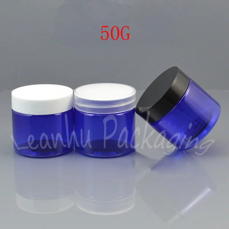

50G Blue Bottle With Black / White / Transparent Plastic Cover , 50CC Cream Jar Skin Care Wide Mouth Bottle ( 100 PC/Lot )