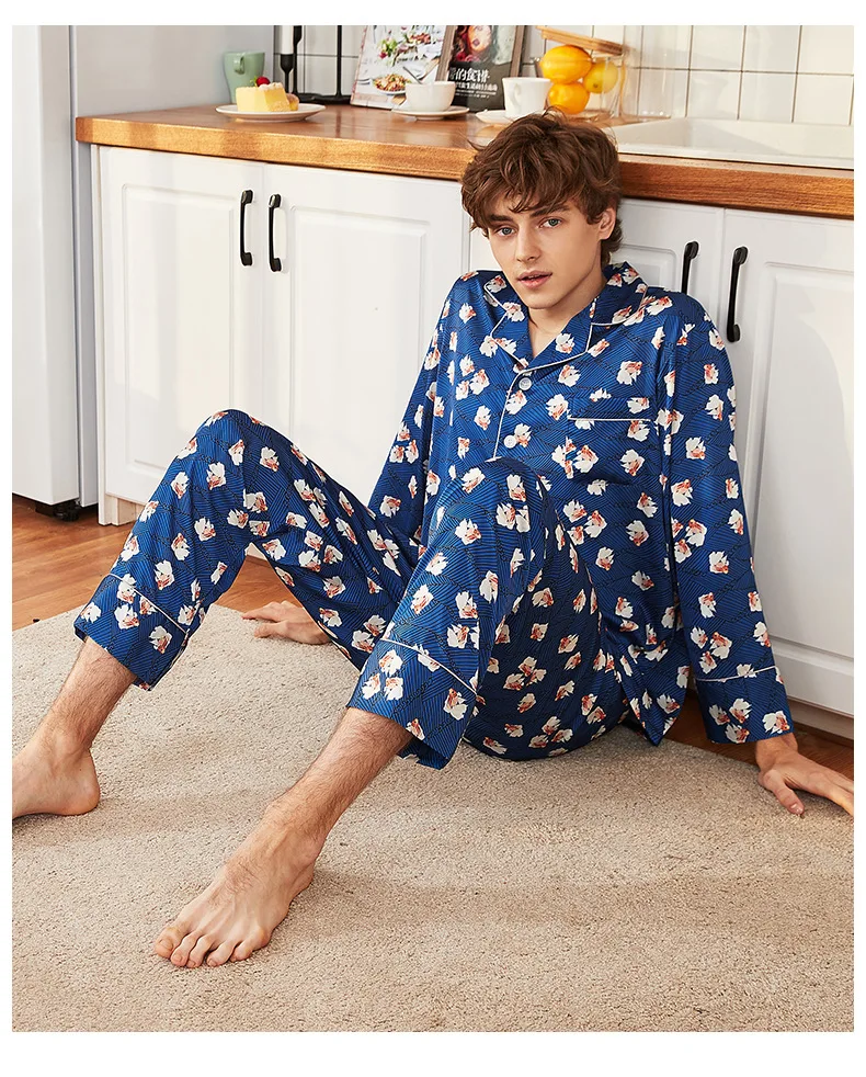 Мужская пижама, современный стиль, шелковая пижама, Мужская атласная пижама, мягкая, уютная для сна, весна 2019, Мужская Шелковая пижама, набор