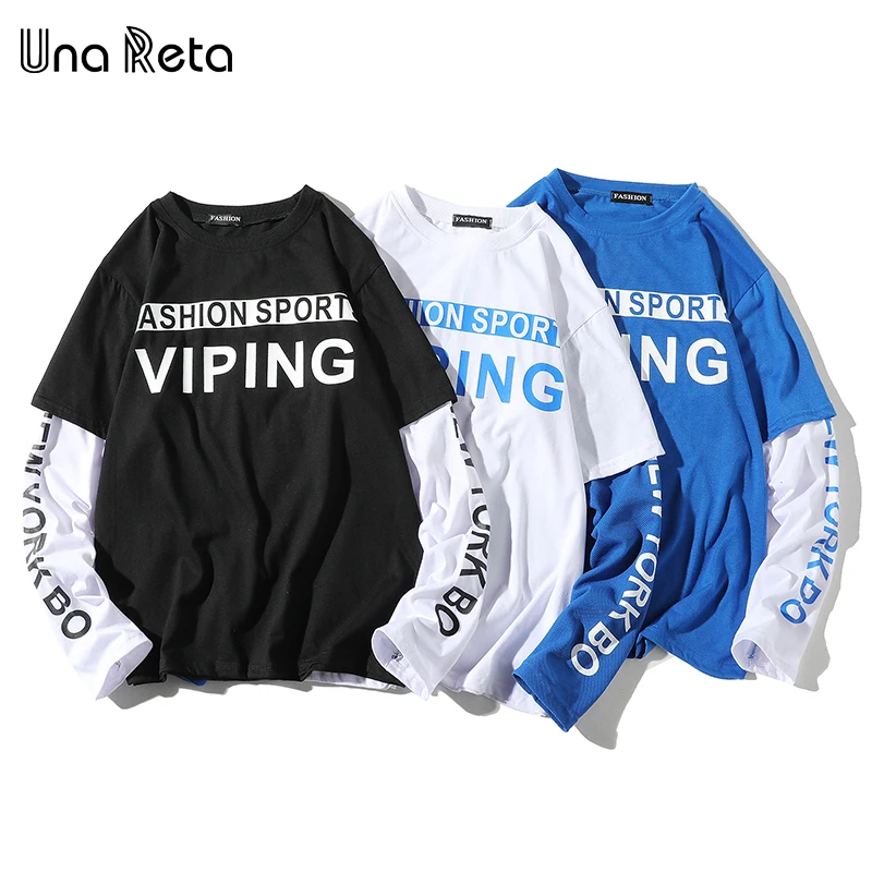 Una Reta T-Shirt Men Spring New Brand Hip-Hop Letter Splicing Tee Top Fake Two Pieces Long Sleeve Streetwear Men T Shirt